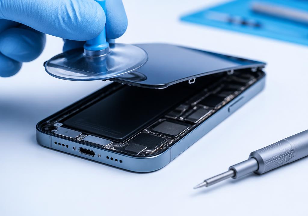 Smartphone screen assembly being replaced on a workbench