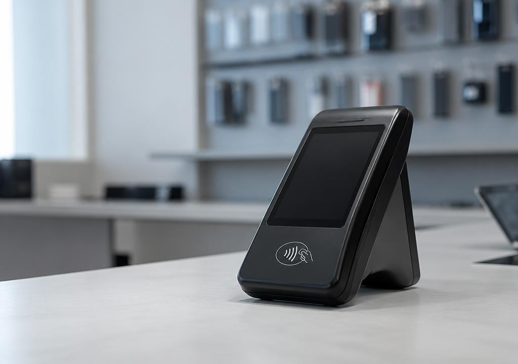 Card payment terminal on a repair shop counter